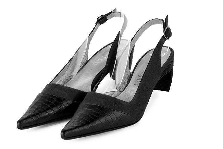 Satin black women's slingback shoes. Pointed toe. Medium comma heels. Front view - Florence KOOIJMAN